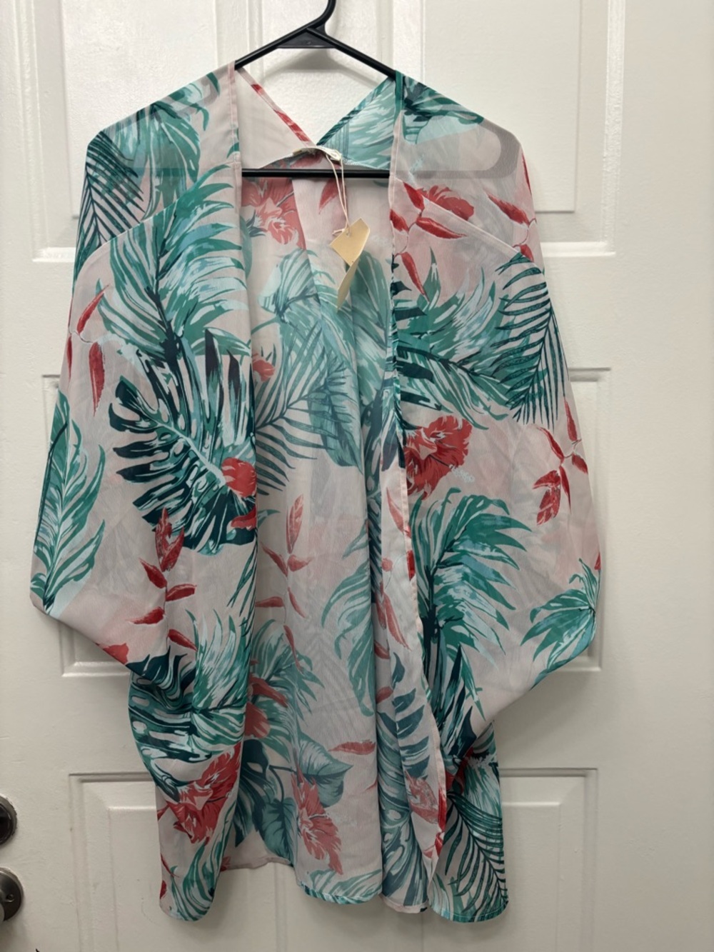 Tropical Leaf Print Sheer Kimono Tunic in Teal and Coral